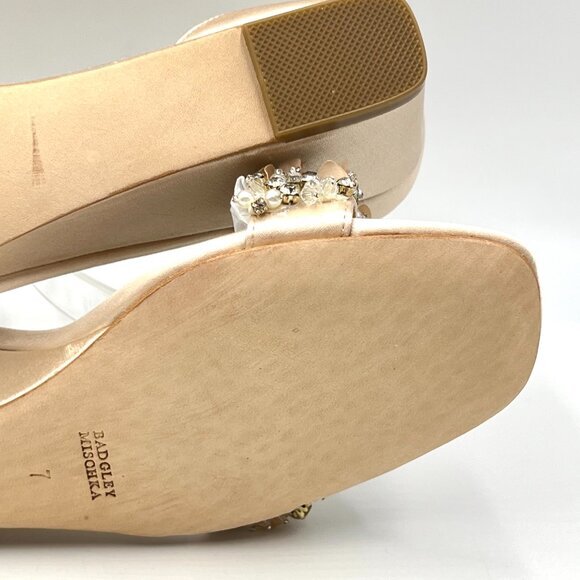 Badgley Mischka Size 7 Teasha Soft Nude Satin Jeweled Wedges Dress Sandals Shoes - Picture 12 of 15